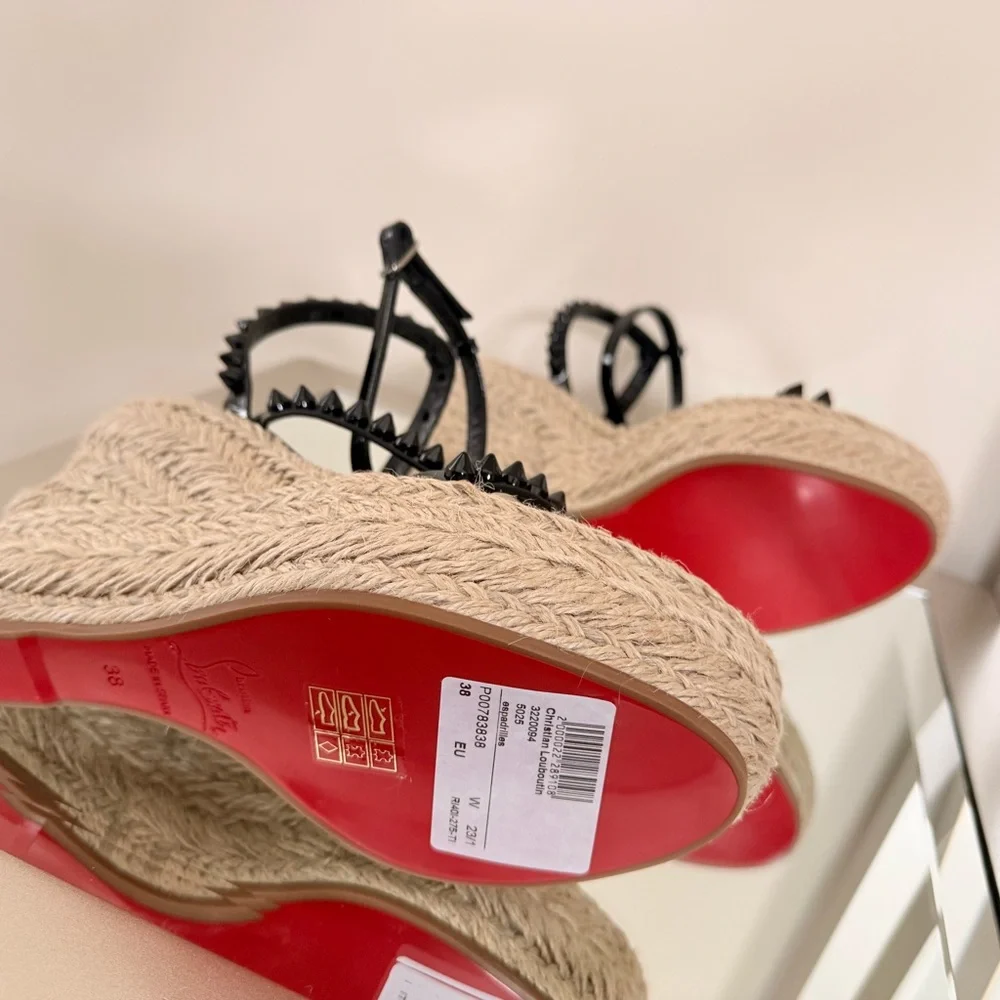 Christian Louboutin Mafaldina Wedge Espadrille Sandals Black/Tan Size 38 New - Picture 10 of 11
